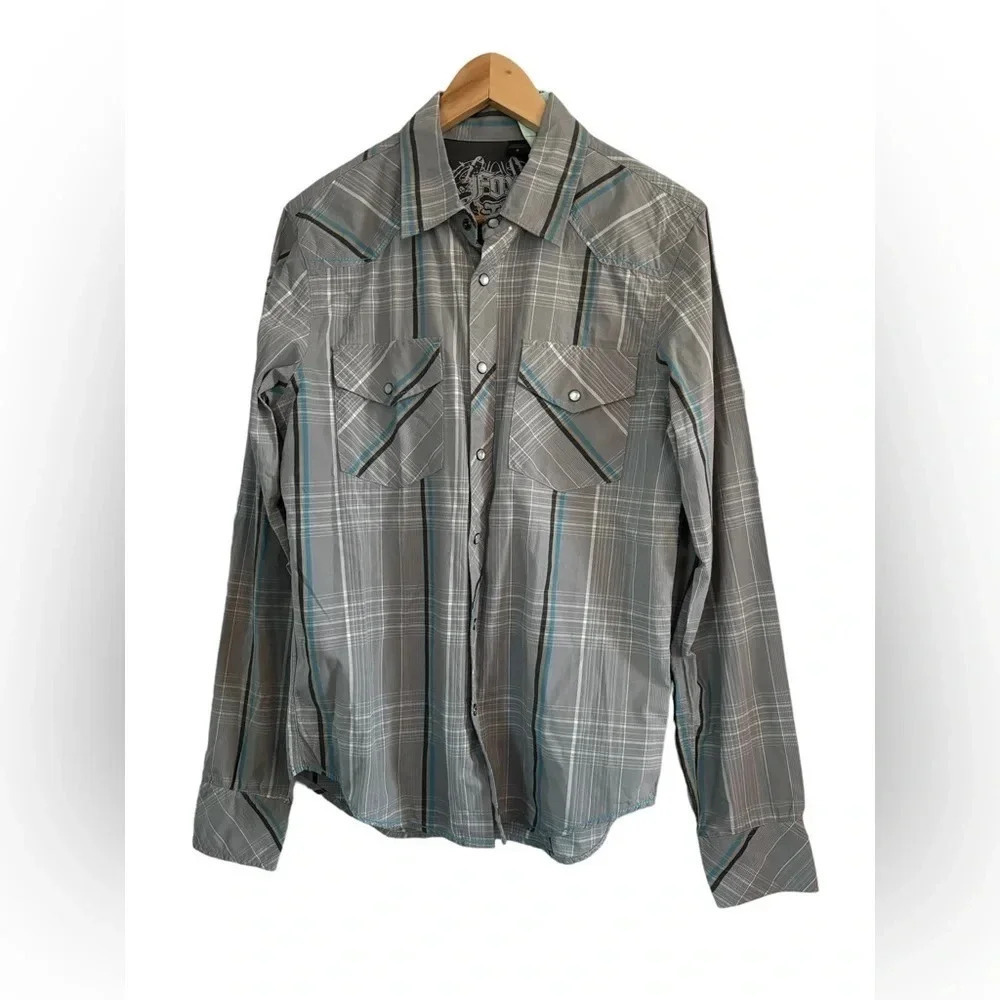 Mens FOX Racing Grey Blue Plaid Y2K Western Pearl Snaps Size Small